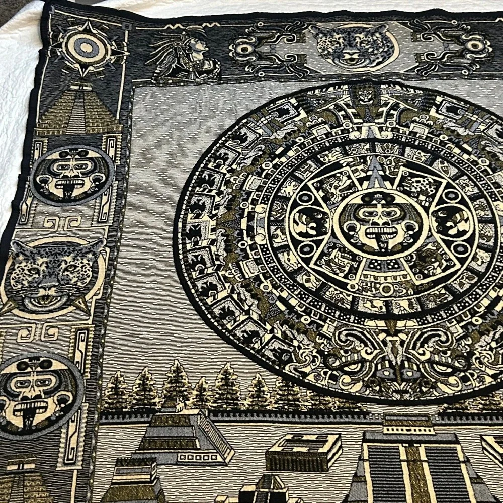 Mexican Aztec Mayan Sun Stone Calendar Woven Tapestry Blanket Jaguar Pyramids